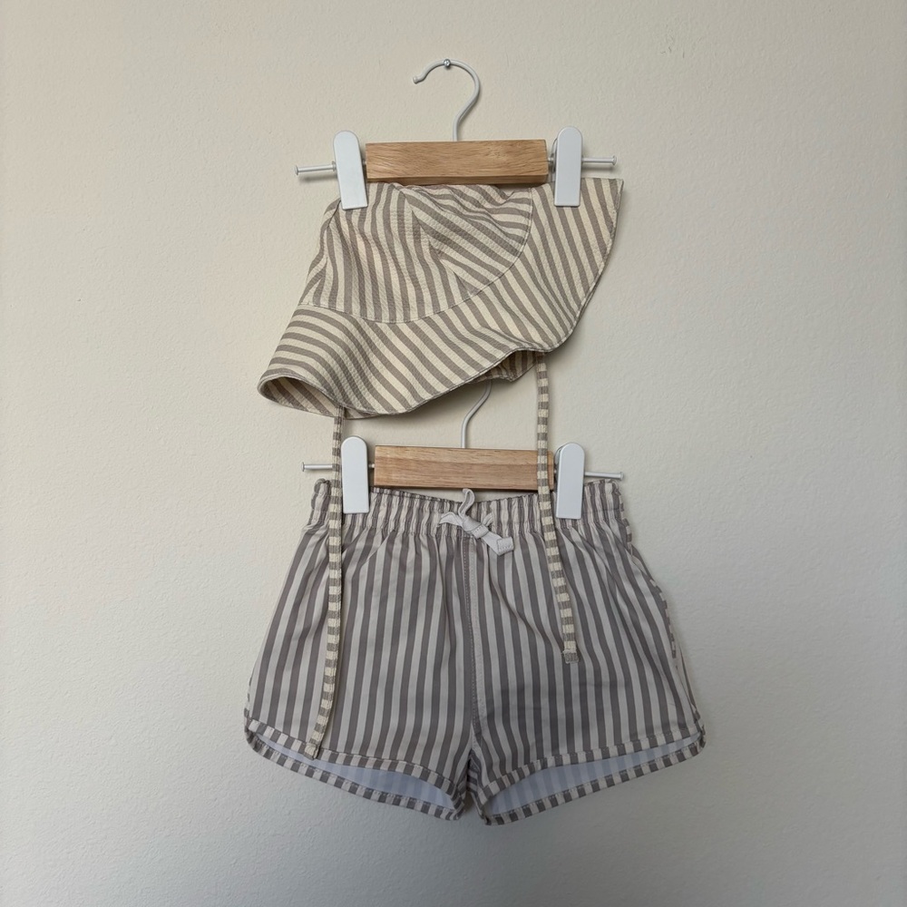 Quincy Mae Beige Striped Swim Shorts and Hat set 12-18M